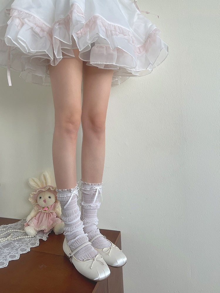 Ruffled Lace Tulle Socks Details Bowknot White/Black