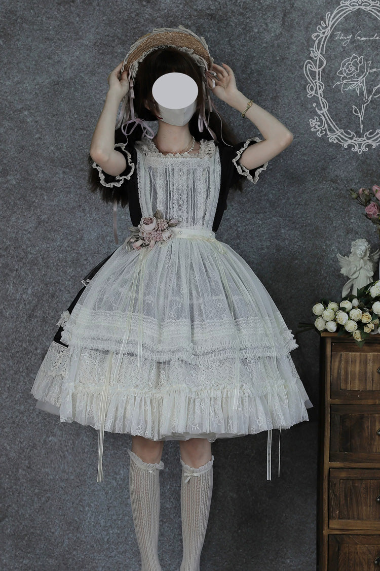 Noir Square Neck Short Sleeve Lace Pearl Sweet Dress - Vintage Ball 3.0