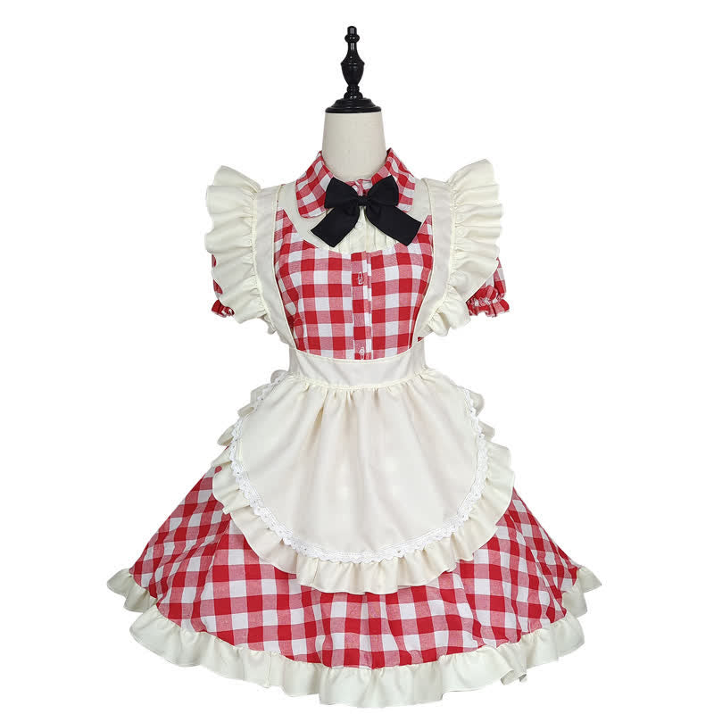 Sweet Bow Knot Ruffled Plaid Maid Dress