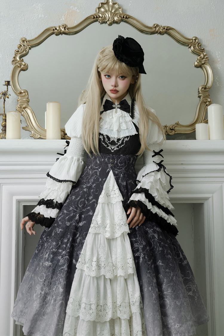Monochrome Gothic Princess JSK with Bone Print, Ruffled Cardigan, and Lace