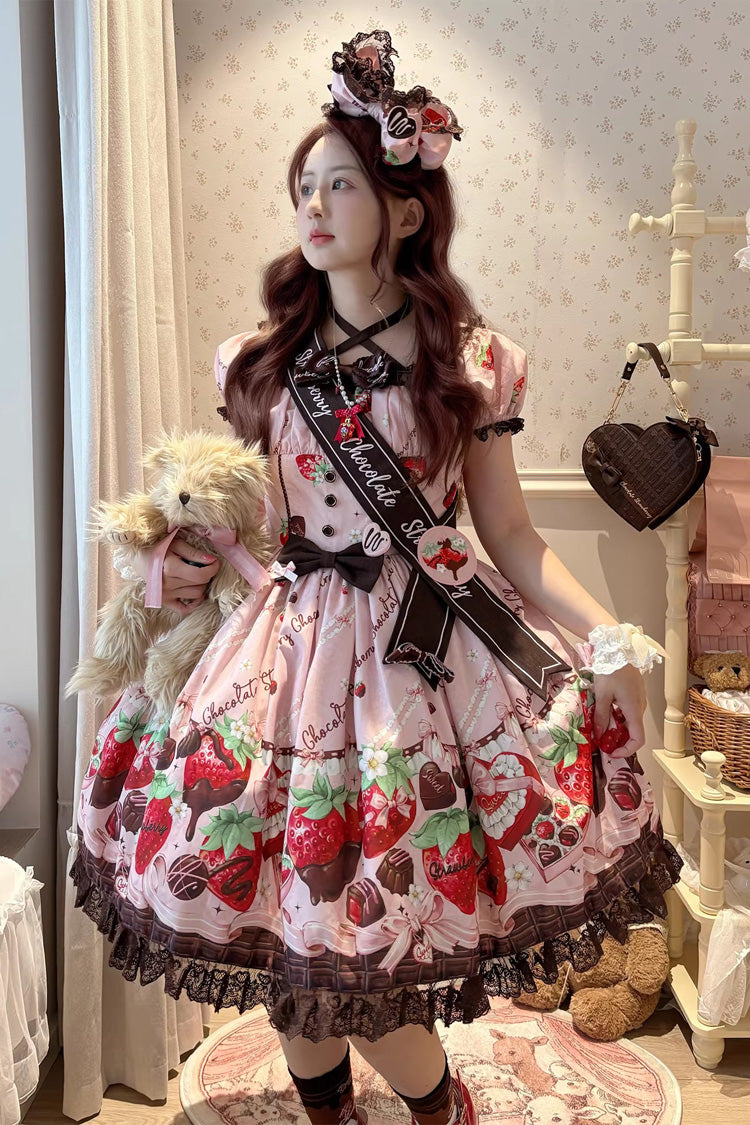 Chocolate Lover Square Collar Printed Bow Lace Sweet Lolita Dress