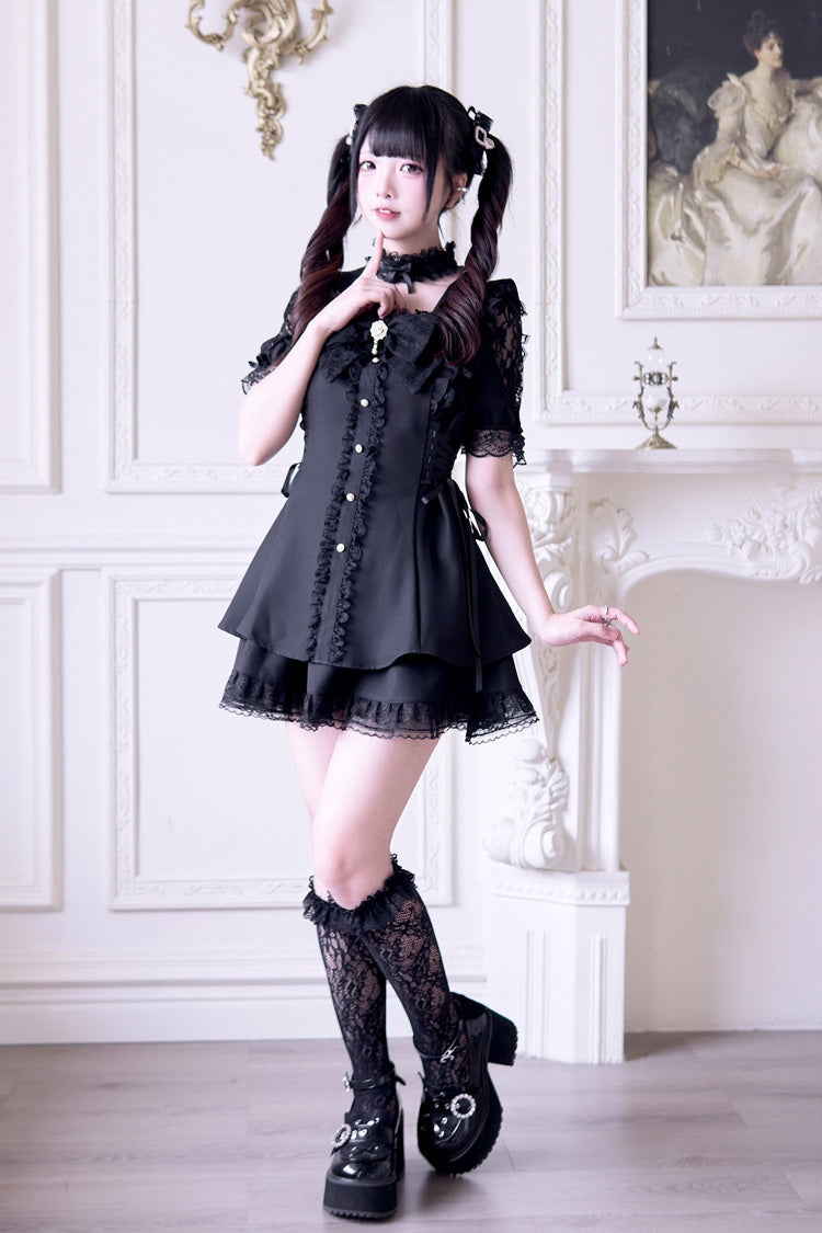 Noir Short Sleeve Ruffle Bow Gothic Jirai Kei Set - Waltz