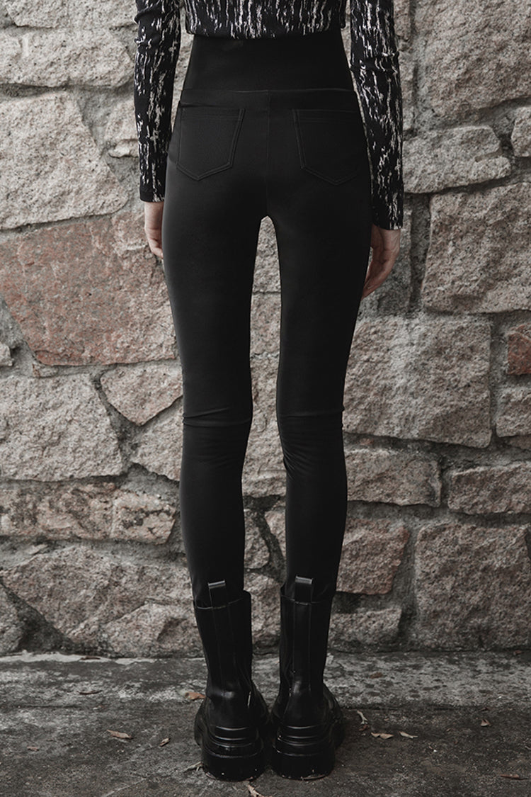 Punk Leather Pants with Bat Embroidery, Elastic Waist and Metal Zipper