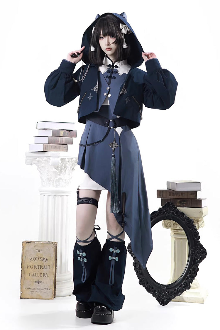 Stand Collar Long Sleeves Embroidered Hooded Asymmetric Punk Ouji Lolita Dress Four-Piece Set - Indigo Shadow Journey