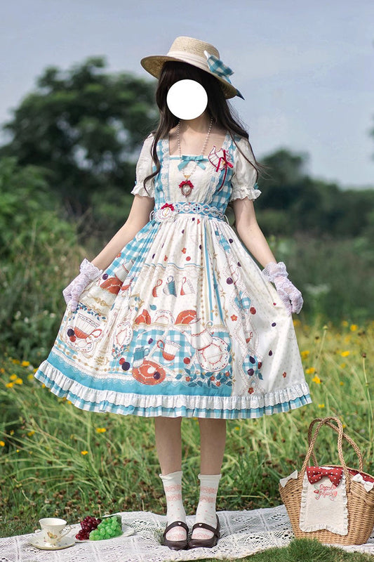 Tea Party Print Short-Sleeve Ruffle Bowknot Elegant Lolita Dress