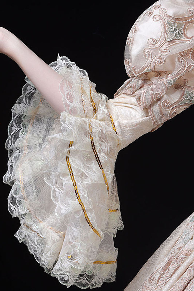 Champagne Lace Victorian Gown with Embroidered Floral Pattern - Altfashion Shop