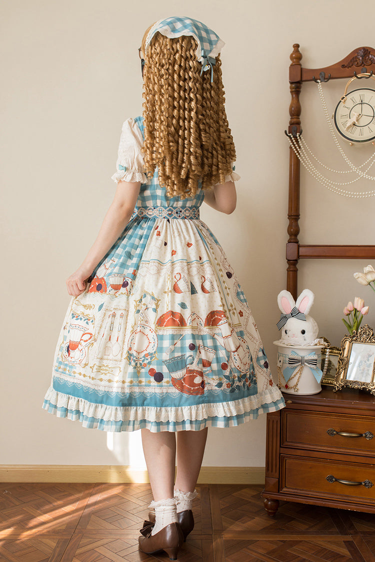 Tea Party Print Short-Sleeve Ruffle Bowknot Elegant Lolita Dress