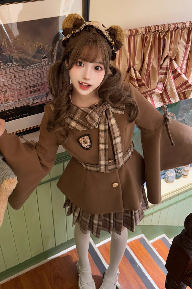 Trumpet-Sleeve Ruffled Bow Elegant Skirt Coat in 2 Colors - Chestnut Sea Salt