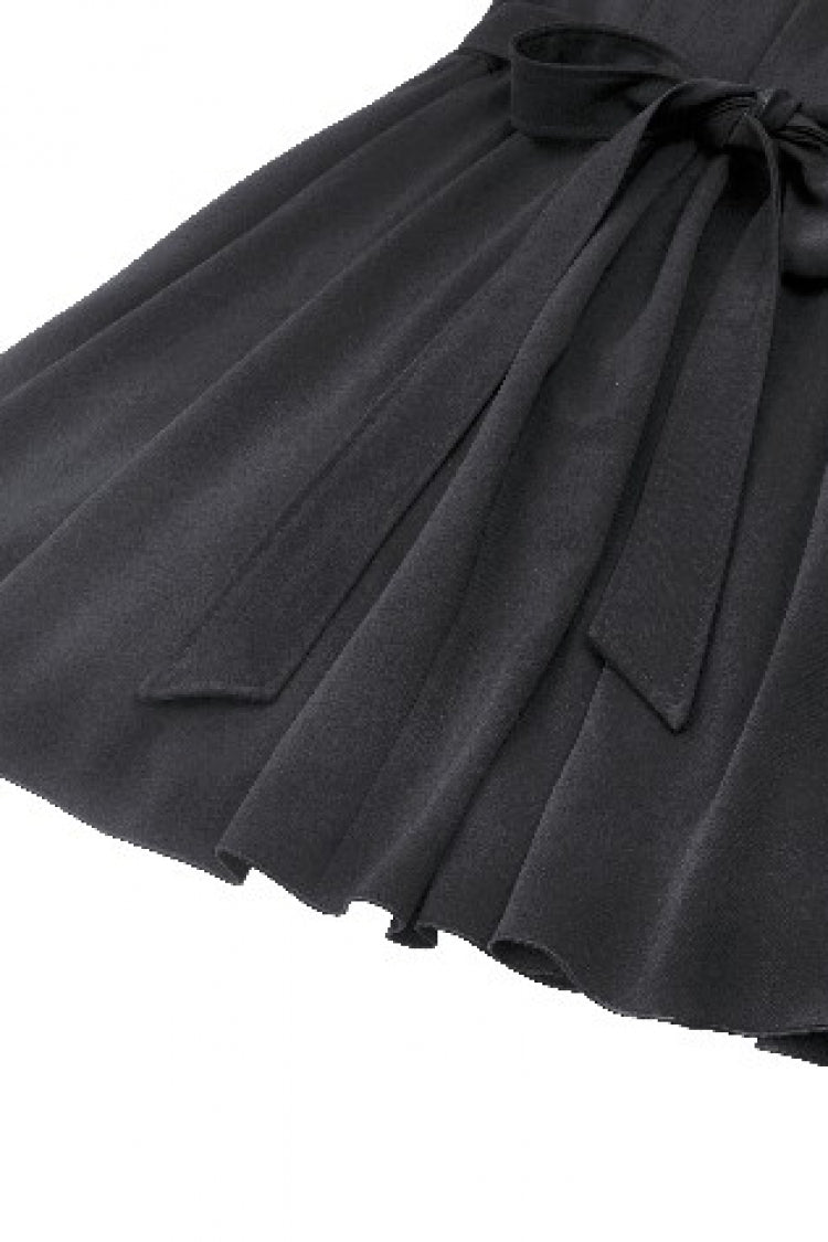 Monochrome Gothic Dress with Pleated Lace, Stand Collar, and Puff Sleeves