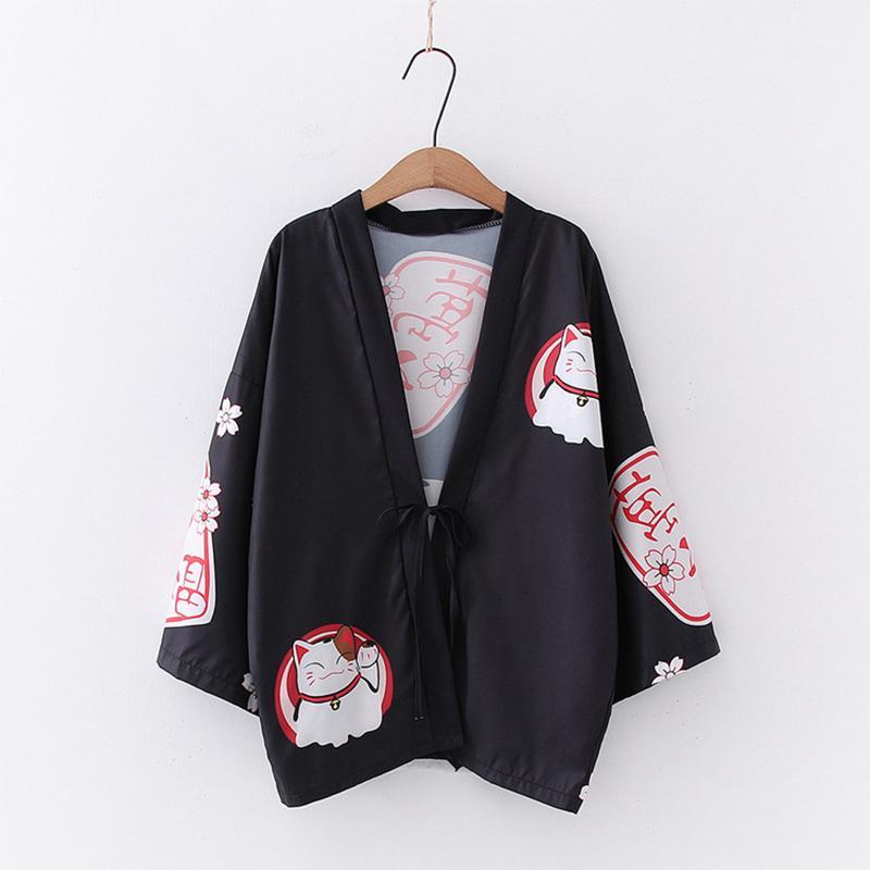 Charming Lucky Cat Sakura Print Loose Outerwear Kimono