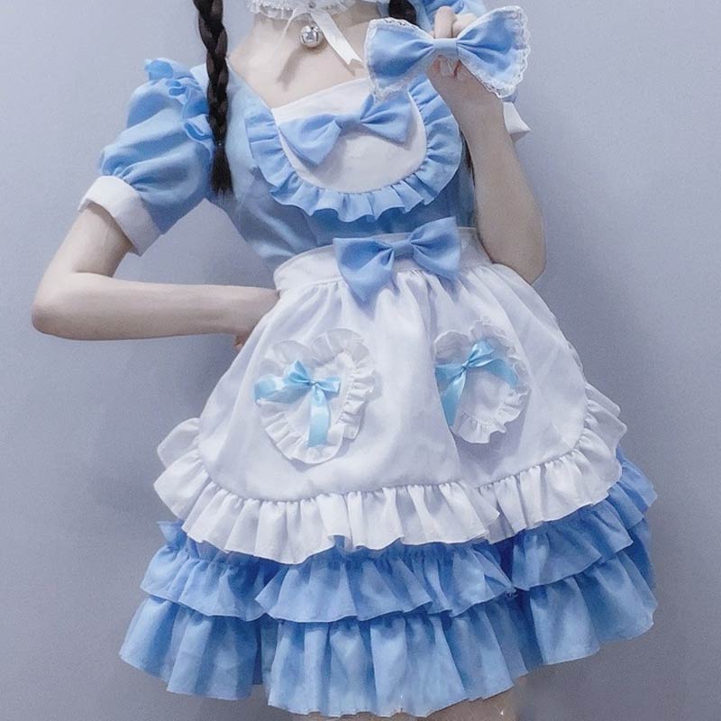 Kawaii Blue Lace Up Bow Maid Lolita Dress