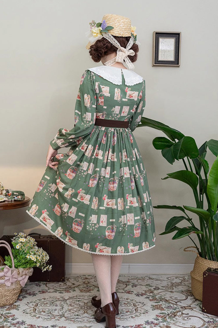 Lantern Sleeve OP Dress with Floral Print - Sweet Lolita