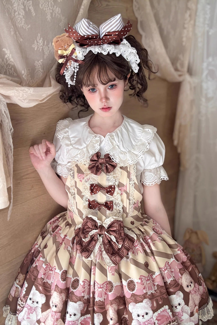 Sleeveless Lace Bow Print Strap Dress in 2 Shades - Chocolate Brownie