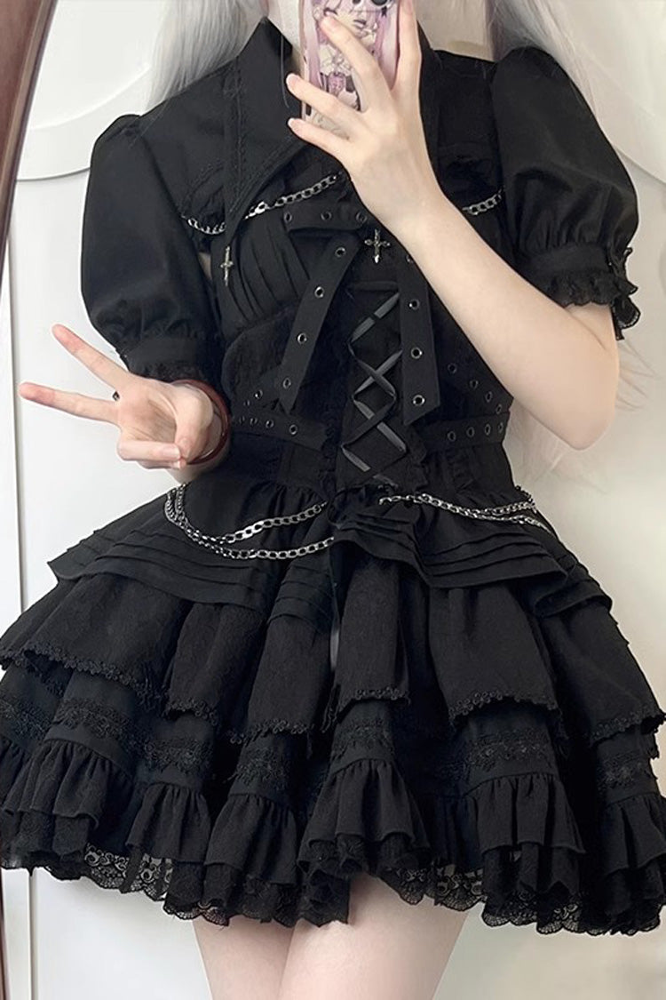 Triple-Layered Ruffled Lace-Up Gothic JSK Dress in 6 Colors - Covenant Cross
