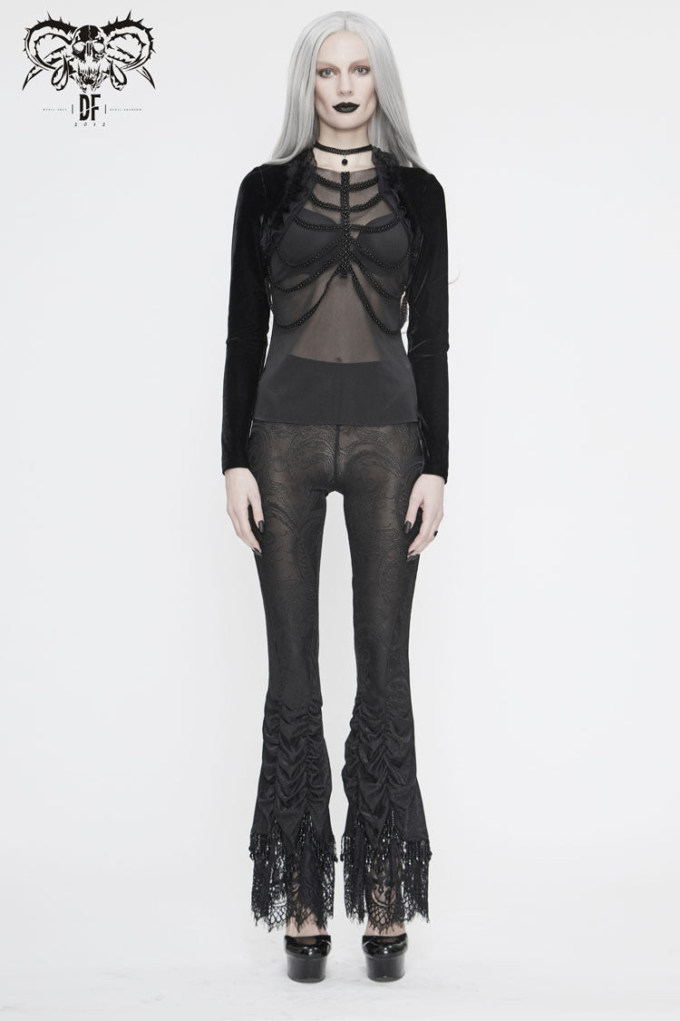 Women's Gothic T-Shirt in Black with Beaded Chain, Velvet Frill Shawl & Mesh