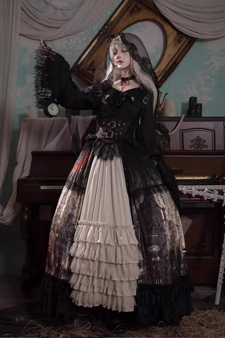 Sleeveless Multi-Layered Printed Ruffled Open-Front Gothic Plus Size Lolita Strap Dress