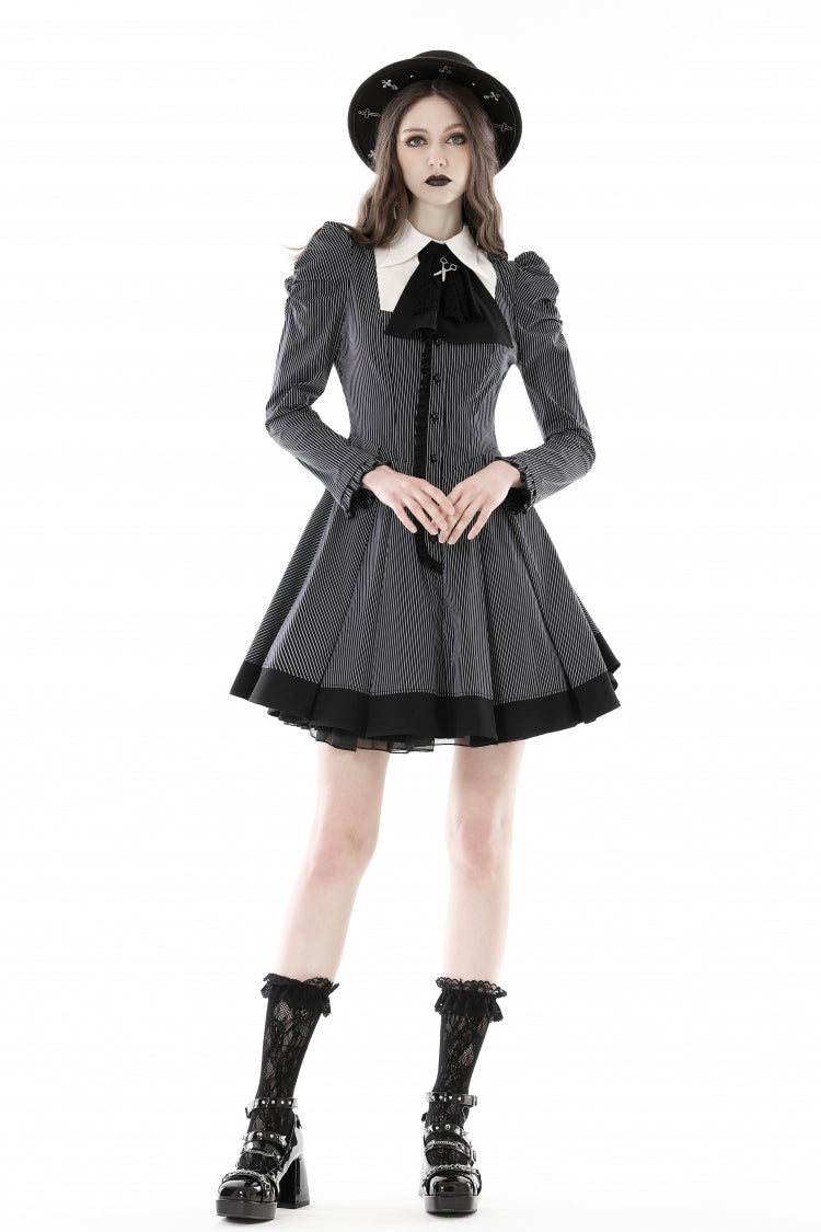 Black/White Notch Collar Puff Sleeve Gothic Striped Preppy Dress