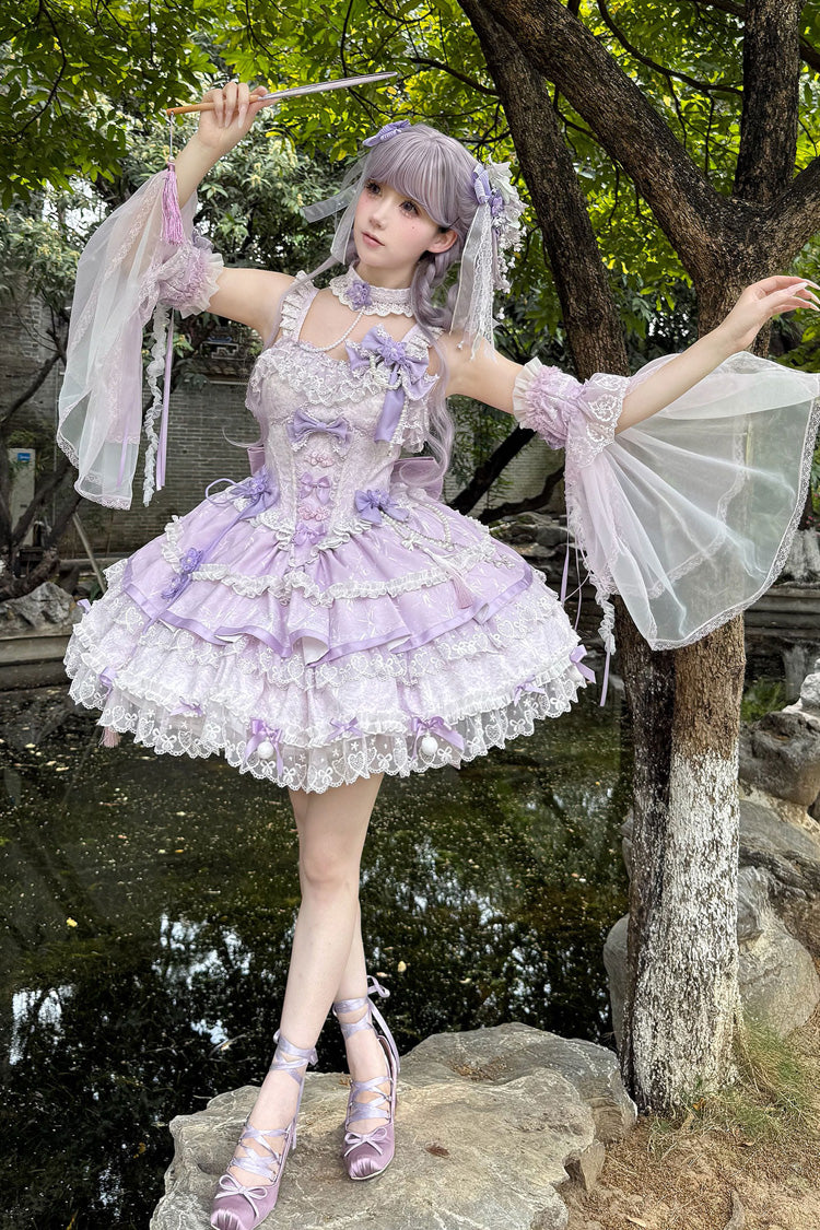 Purple [Prelude of Spring Cherry] Square Collar Sleeveless Multi-Layered Jacquard Ruffled Bow Lace Pearl-Decorated Sweet Lolita Jsk Dress