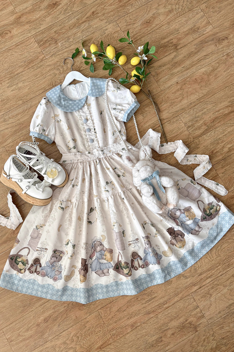 Ivory [Midsummer Bunny Bear] Printed Ruffled Bow Sweet Lolita Dress 2 Versions