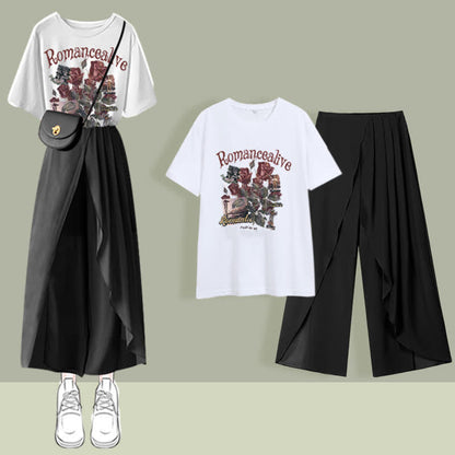 Printed T-Shirt Chiffon Pleated Split Pants Set