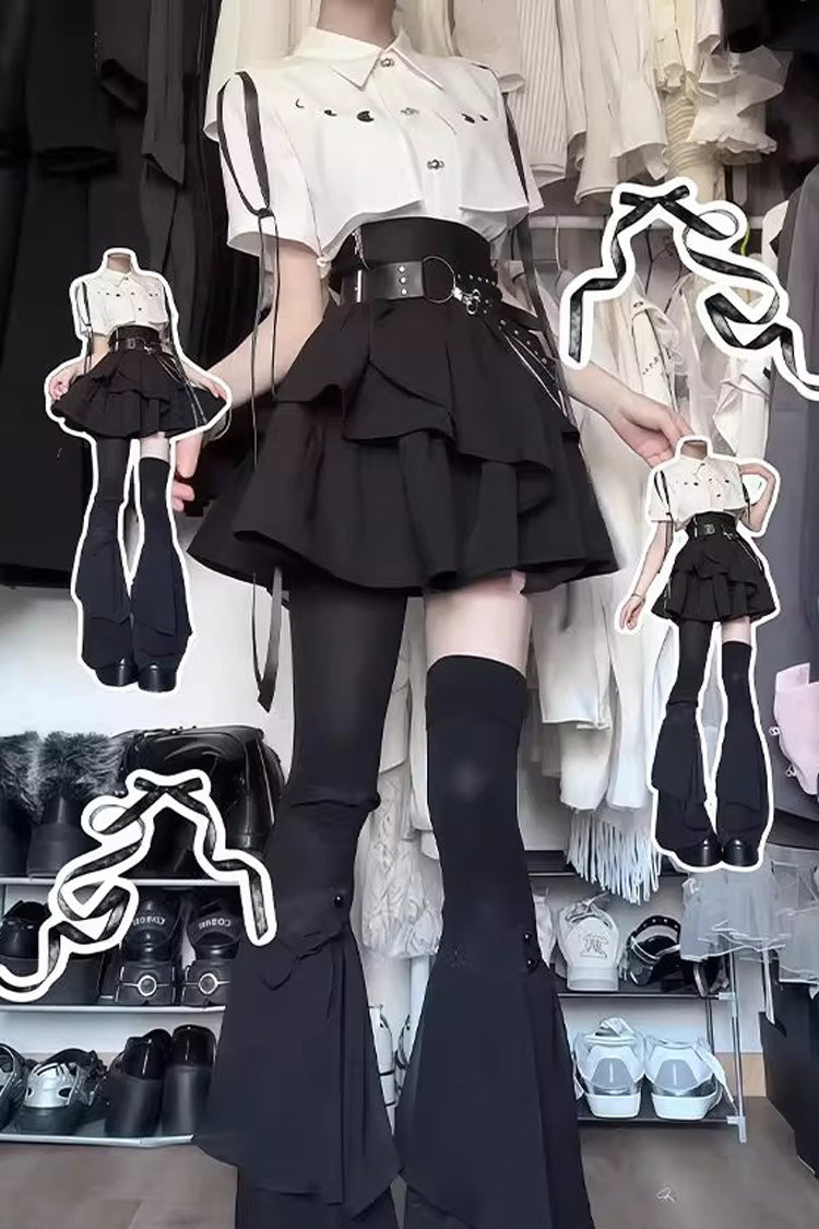 Monochrome Asymmetric Gothic Skirt and Blouse Set with Ruffled Short Sleeves