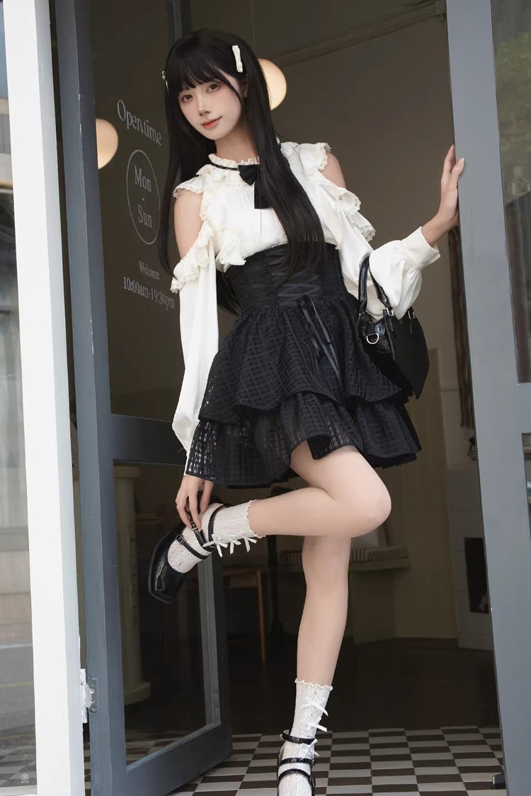 Monochrome Elegant Jirai Kei Skirt Set with Double-Layered Cut-Outs and Bow Lacing