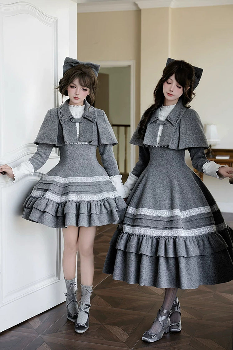 Ash Stand-Collar Ruffled Bow Lolita Gown with Poetry Motif