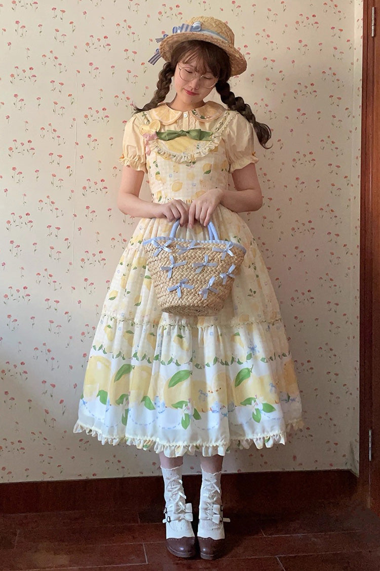 Sunshine Printed Ruffle Bow Lace Sweet Long Jumper - Lemon Chicken