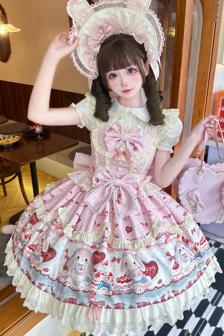 Pink [Cute Rabbit Party] Sleeveless Double-Layered Printed Ruffled Bow Sweet Lolita Jsk Dress
