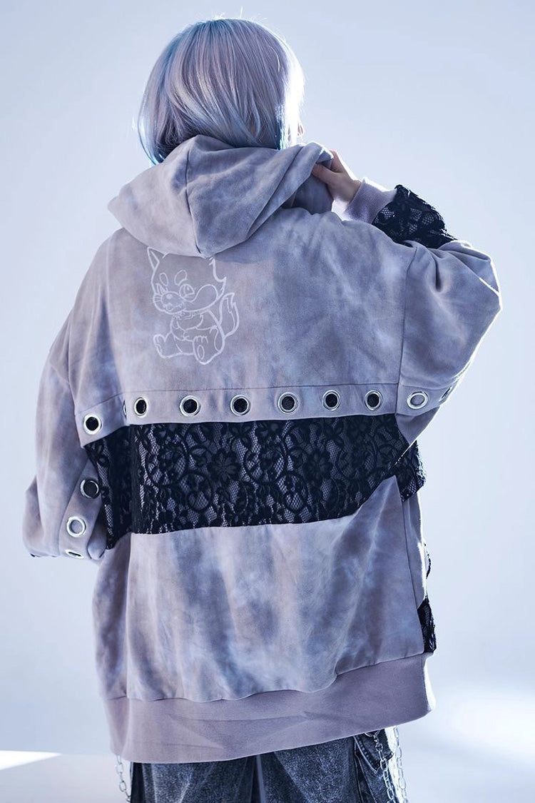 Color Blocking Long Sleeve Print Hooded Tie-Dyed Zipper Jirai Kei Coat