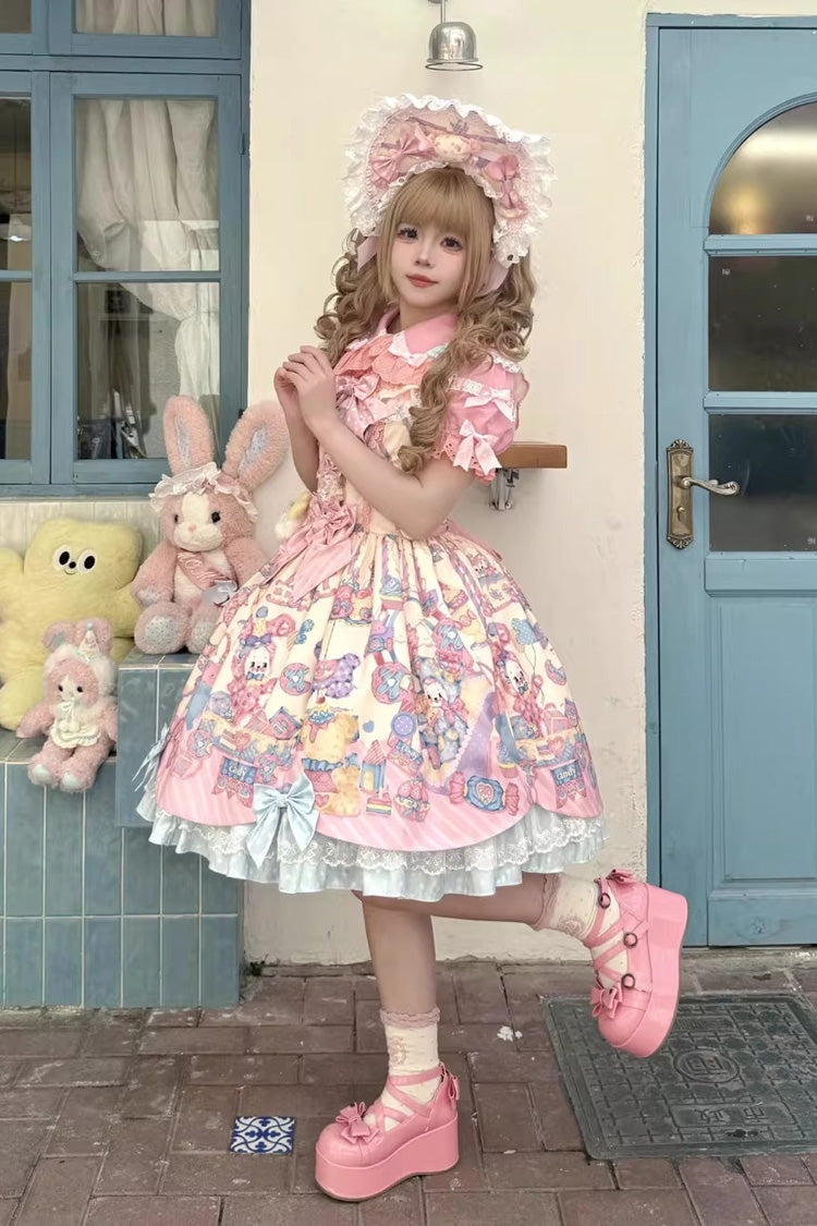Rainbow Bunny Print Sleeveless Ribbon Doll JSK Dress Set - Ruffled Bow