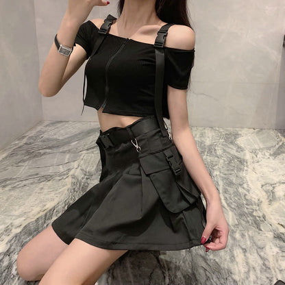 Black Cool Buckle Strap Zipper Crop Top Belted Pleated Skirt