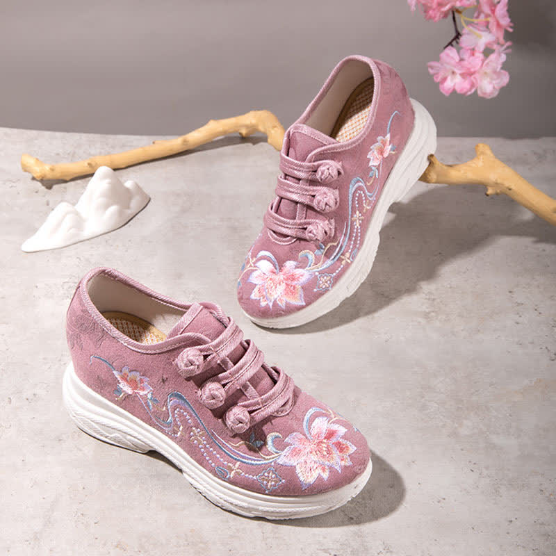 Pink Blossom Embroidery Buckle Platform High Heels Shoes