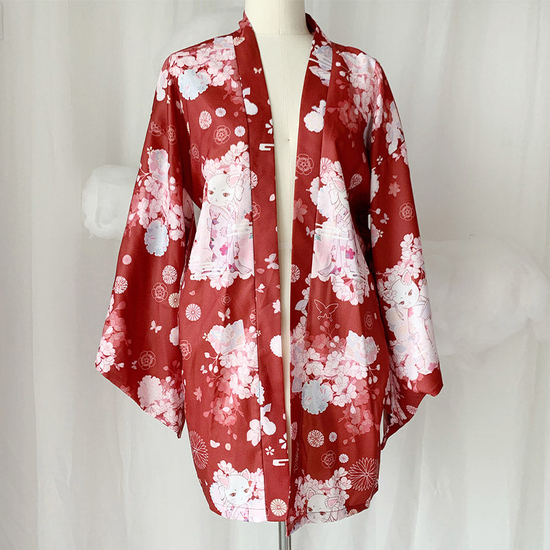 Cat Sakura Print Loose Cardigan Kimono Outerwear