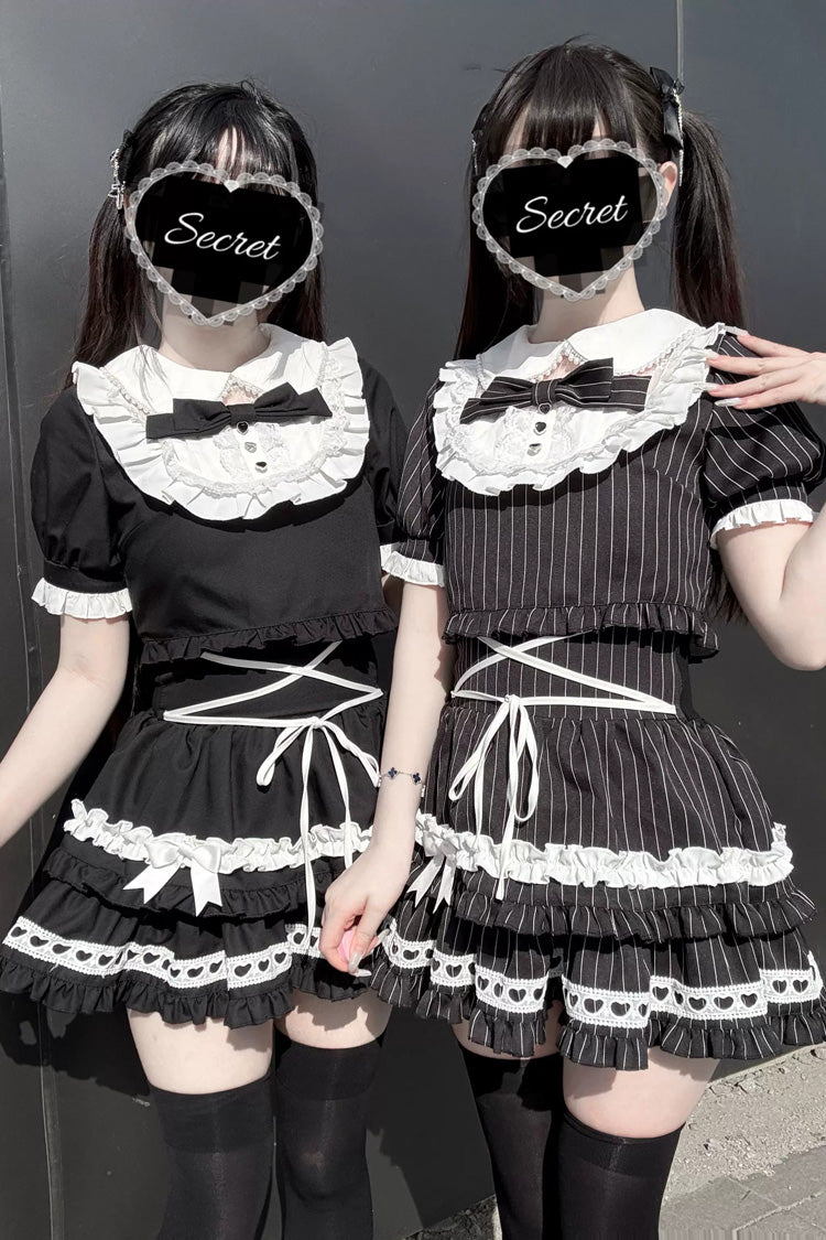Japanese Skirt Set with Striped Print and Doll Collar
