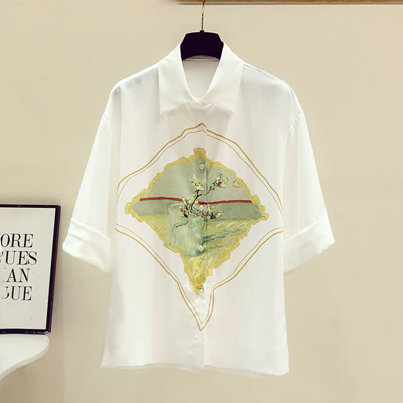 Painting Print Short Sleeve Chiffon Lapel Shirt