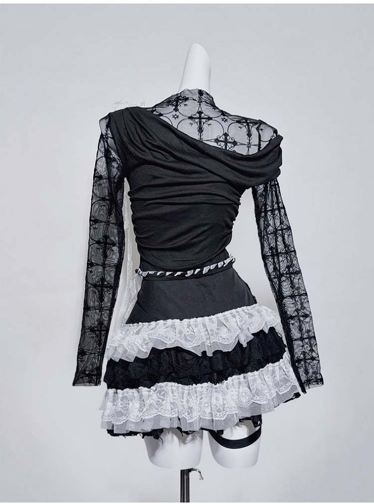 Gothic Black Illusion Lace Trim Cross Top