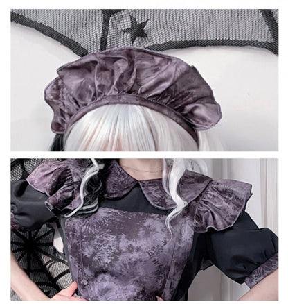 Halloween Costume Dark Maid Black Dress with Purple Apron