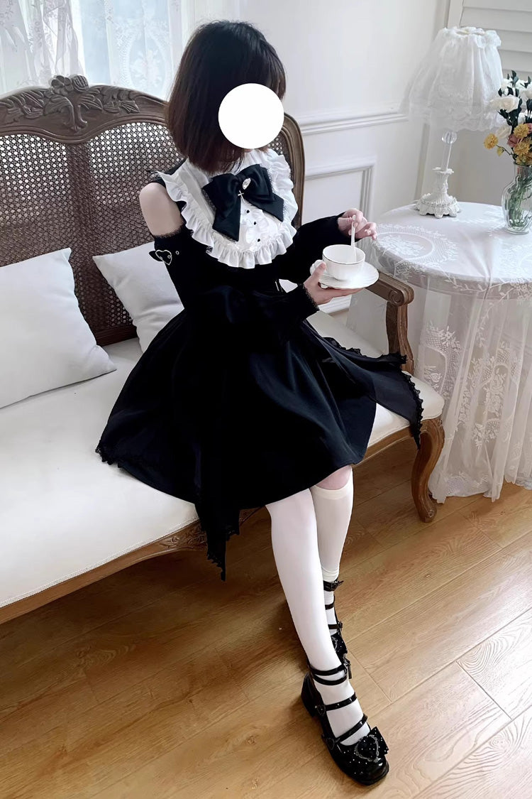 Stand Collar Off Shoulder Long Sleeves Ruffled Bow Lace Gothic Jirai Kei Dress