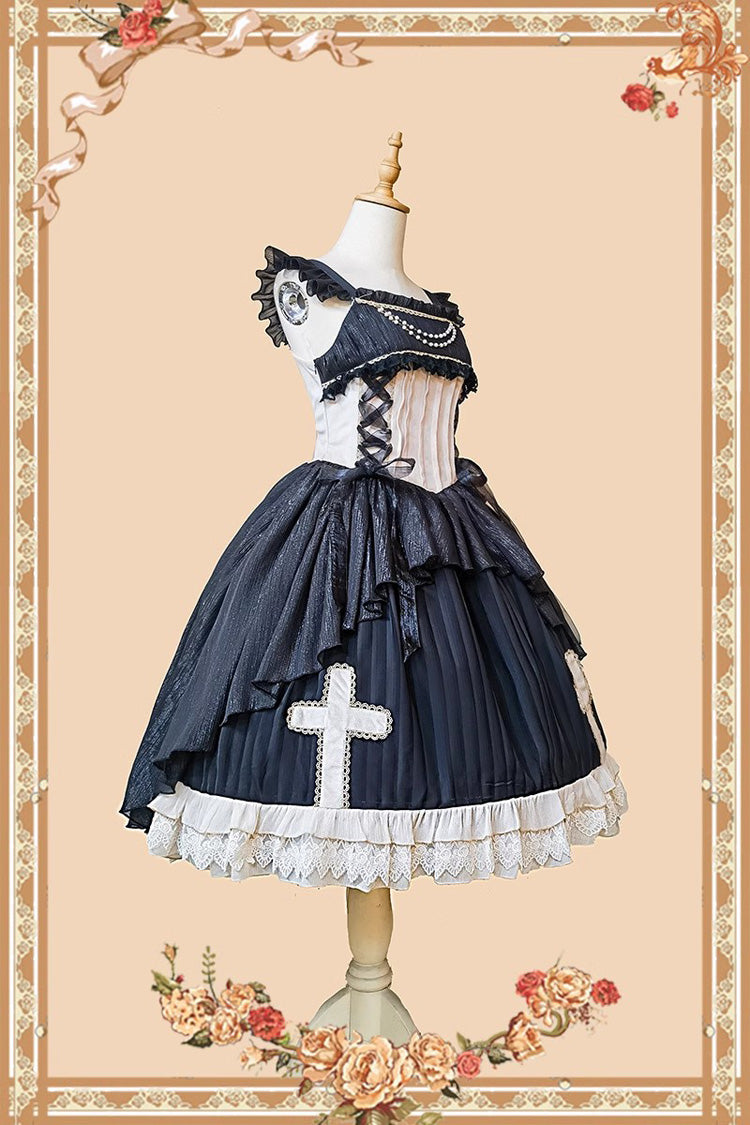 Black Gothic Lolita Dress with Cross Embroidery and Eternal Life Song Print