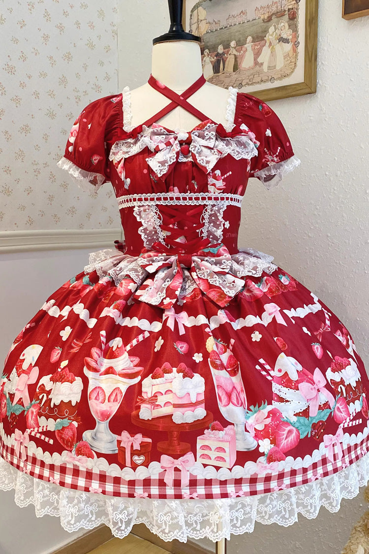 Crimson Strawberry Parfait Pattern Short Sleeve Bow Lace Corset Sweet Lolita Gown