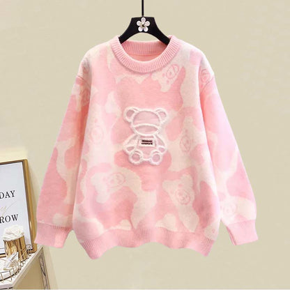 Cartoon Bear Print Sweater Split Skirt Set