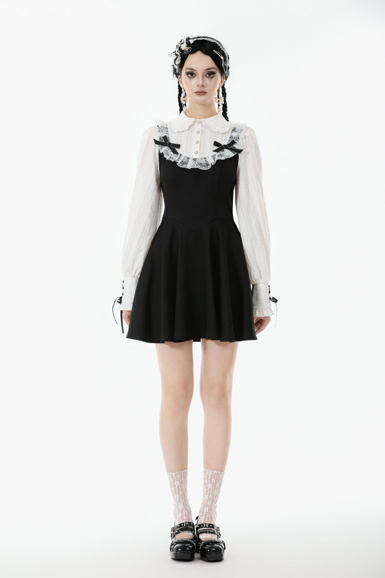 Black/White Faux Two-Piece Doll Collar Long Sleeves Lace-Up Women's Lolita Gothic Graduation Dress
