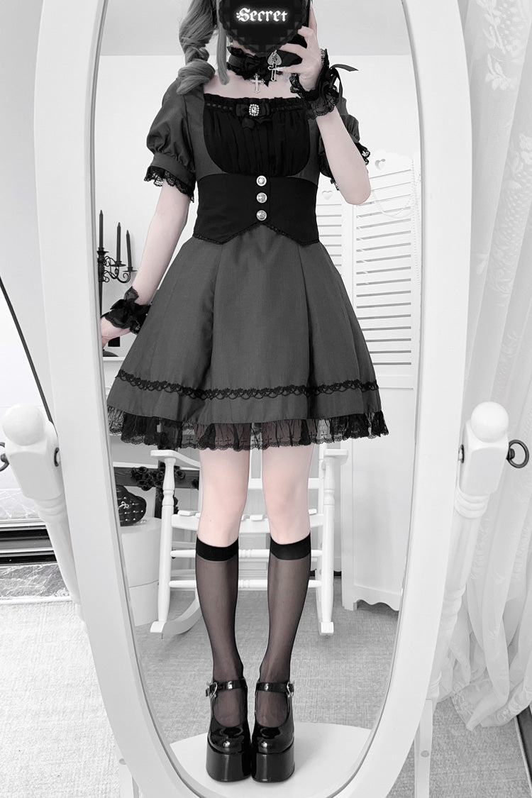 Slate Short Sleeve Ruffle Bow Cross Waist Maid Sweet Japanese Dress Set