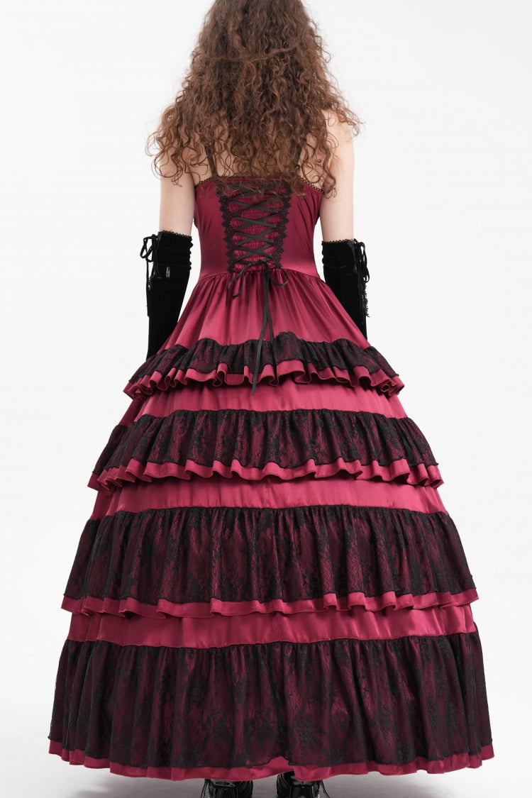 Red Multi-Layered Ruffle Lace-Up Mesh Women's Gothic Dress