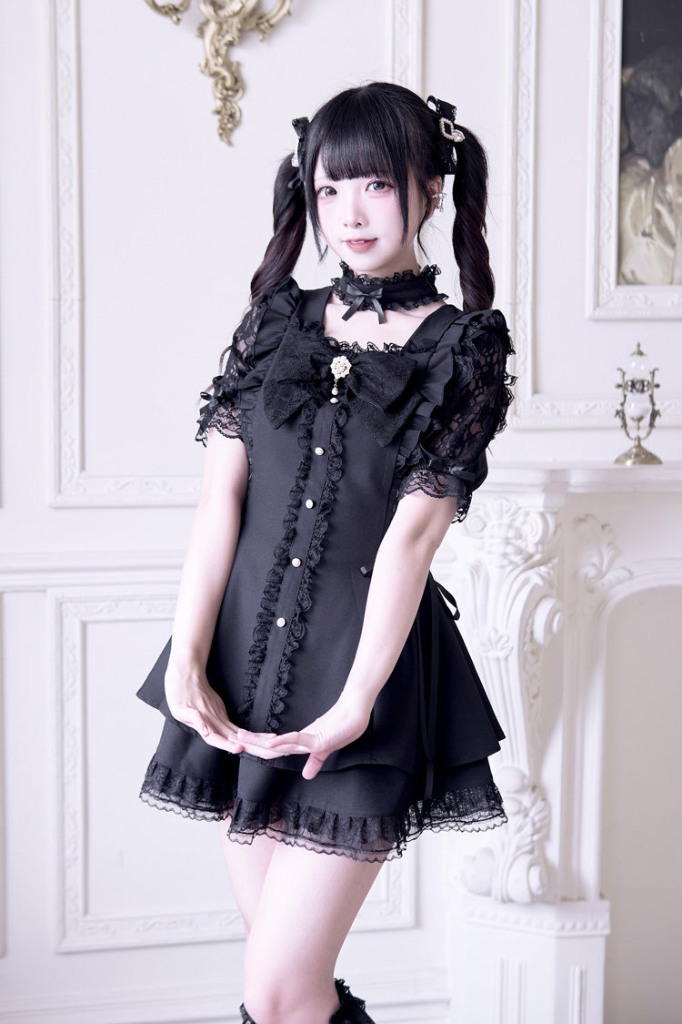 Noir Short Sleeve Ruffle Bow Gothic Jirai Kei Set - Waltz