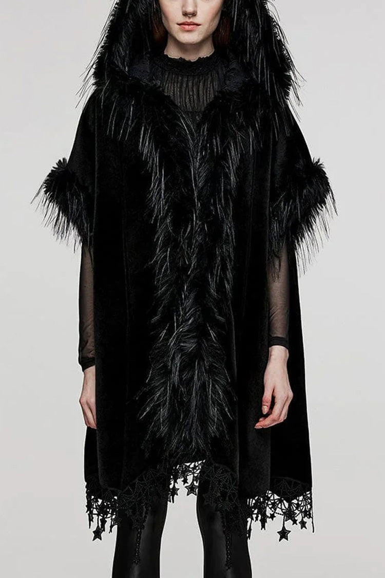 Elegant Gothic Hooded Cloak with Bat Sleeves, Tassels, Faux Fur and Lace Trim