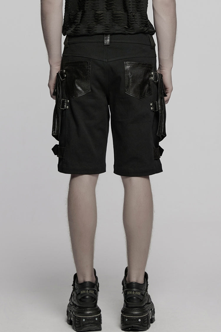 Men's Punk Shorts with Faux Leather Trim & Oversized Pockets
