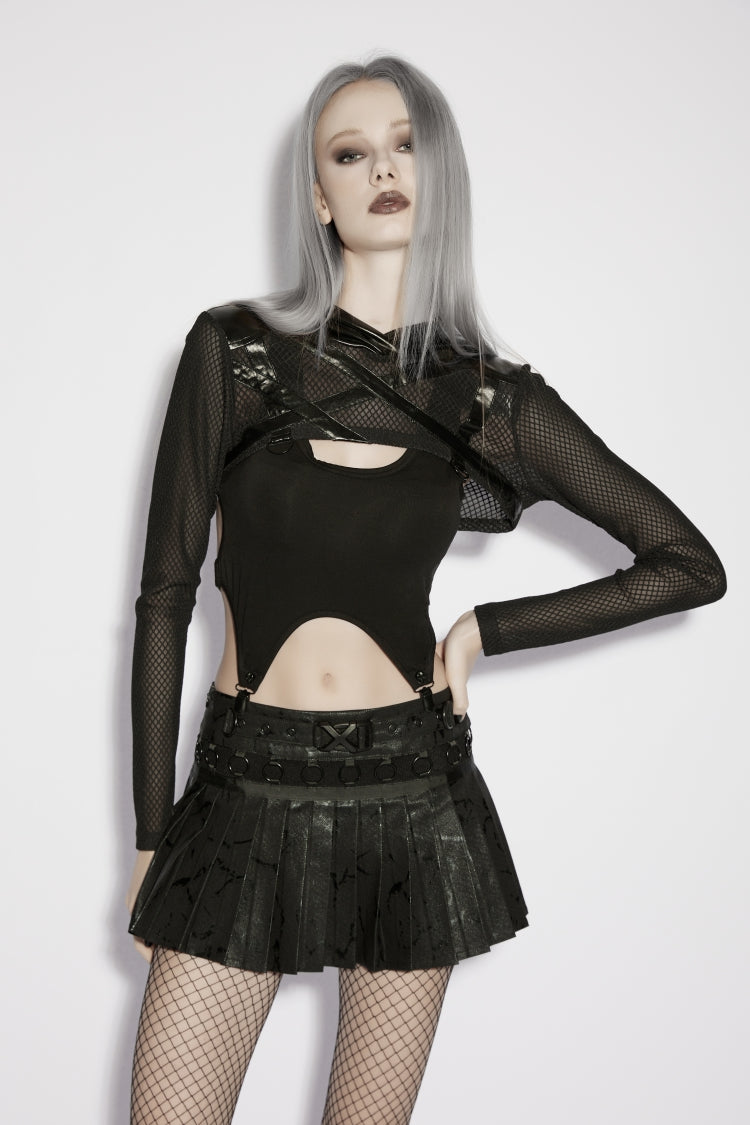 Punk Sheer Mesh Eyelet Hooded Cloak for Women with Handsome Style