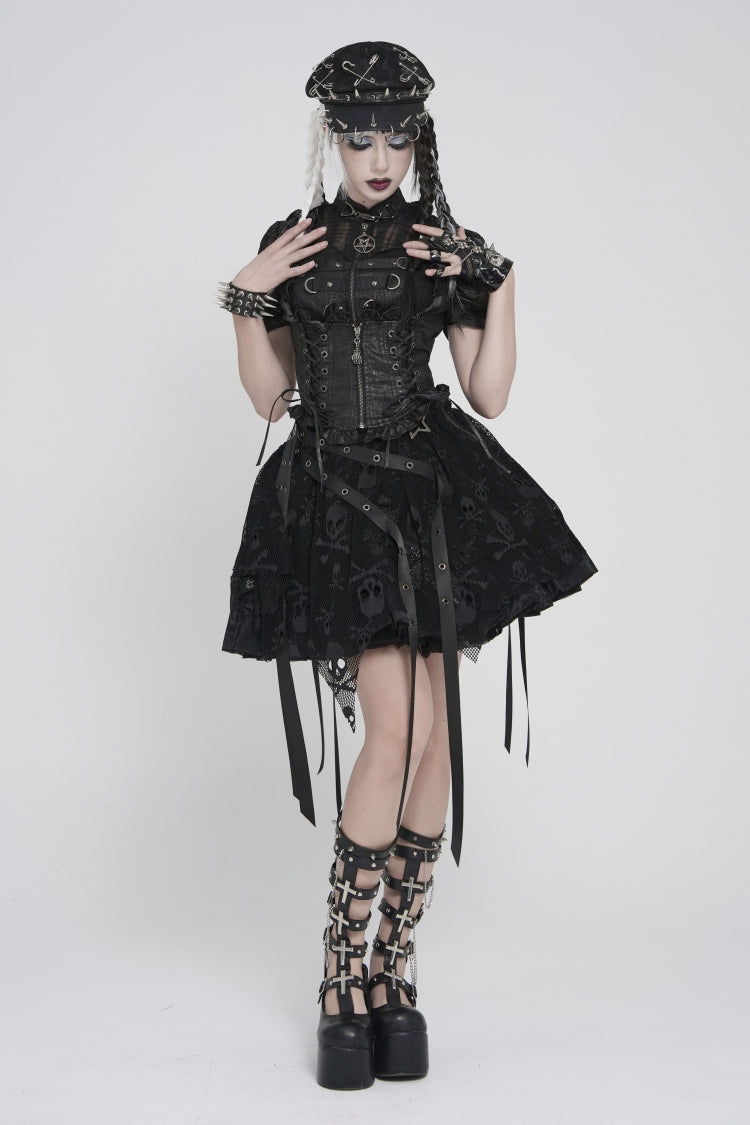 Gothic Swallow-Tail Vest for Her with Slim Zip & Lace-Up Bow